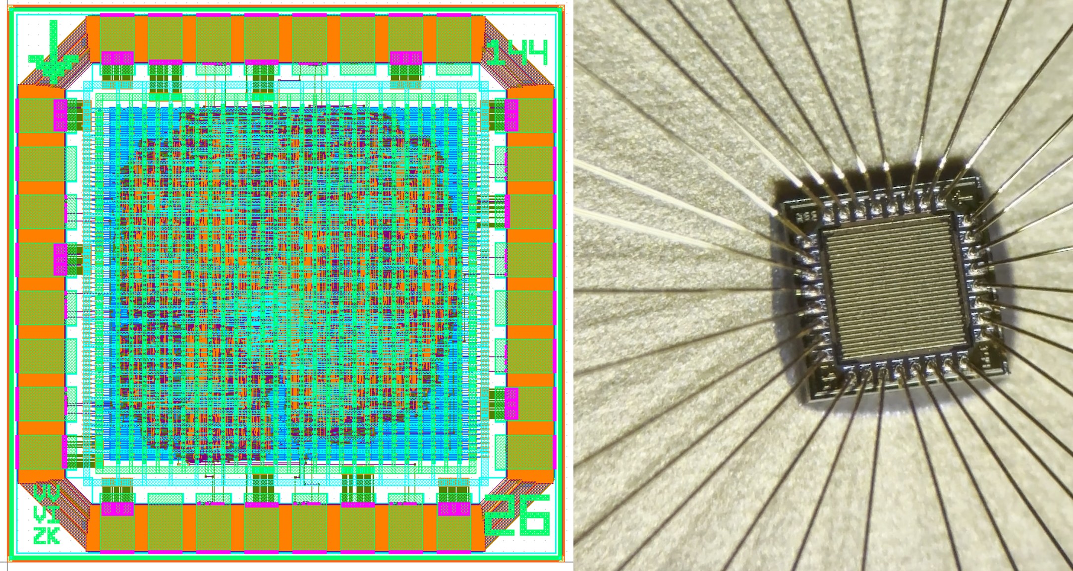 DNA Alignment ASIC layout next to the wire-bonded chip