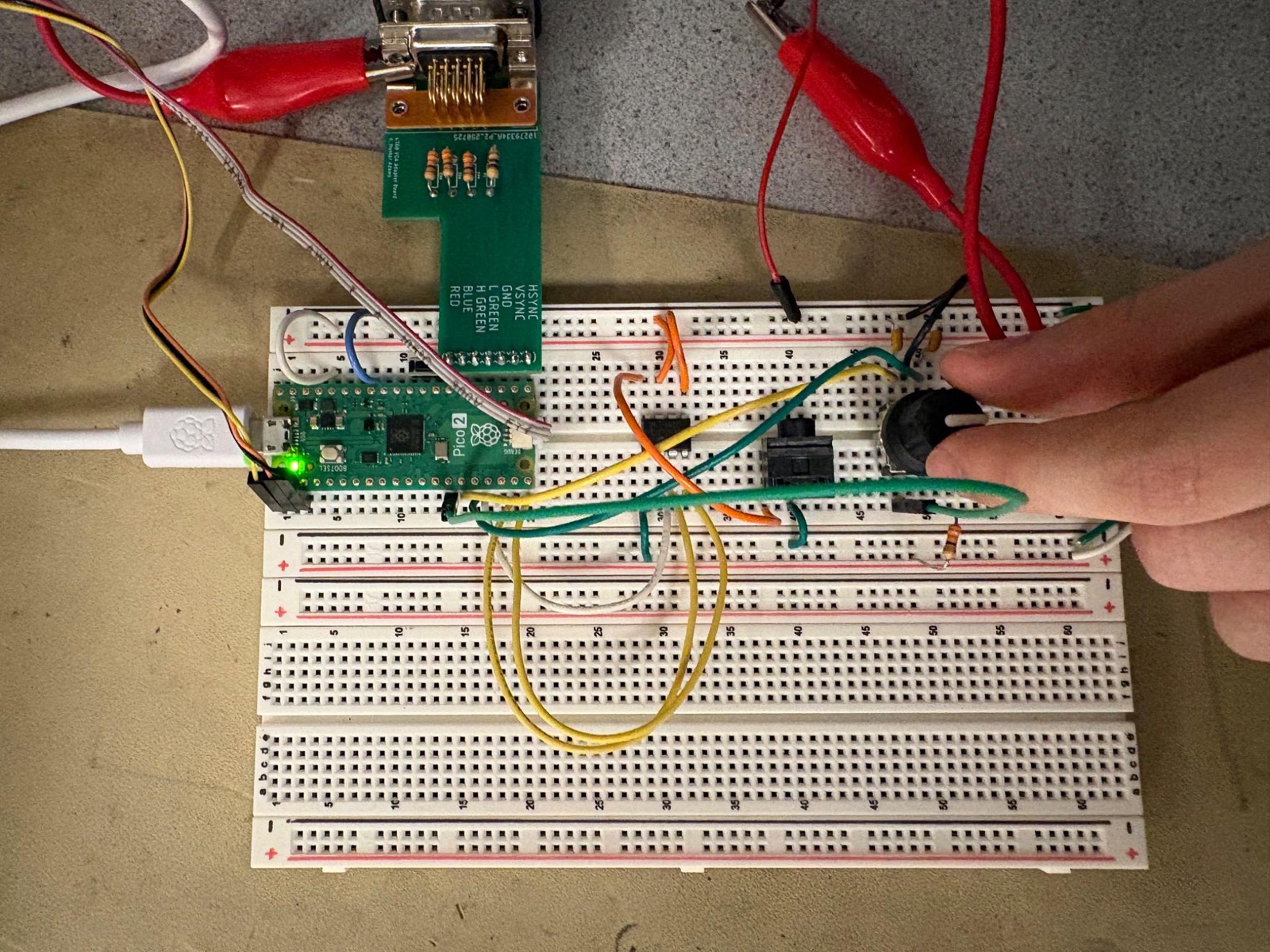 Breadboarded Pico 2 with VGA PCB, MCP4822 DAC, and rotary encoder